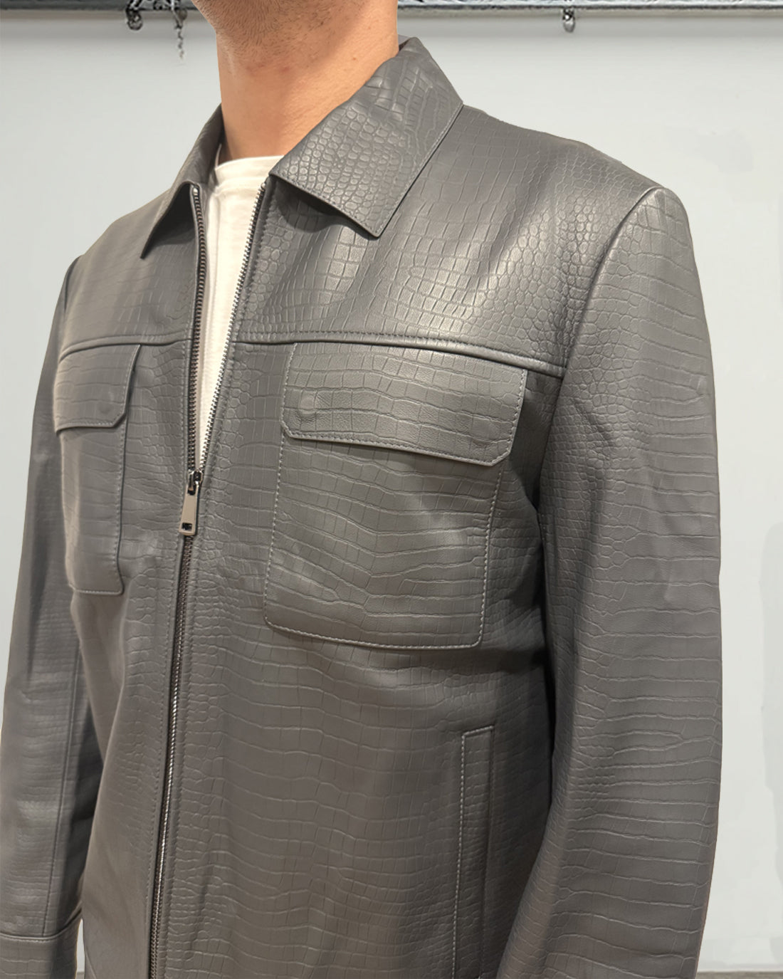 Croco-Textured Lambskin Jacket — Stone Grey