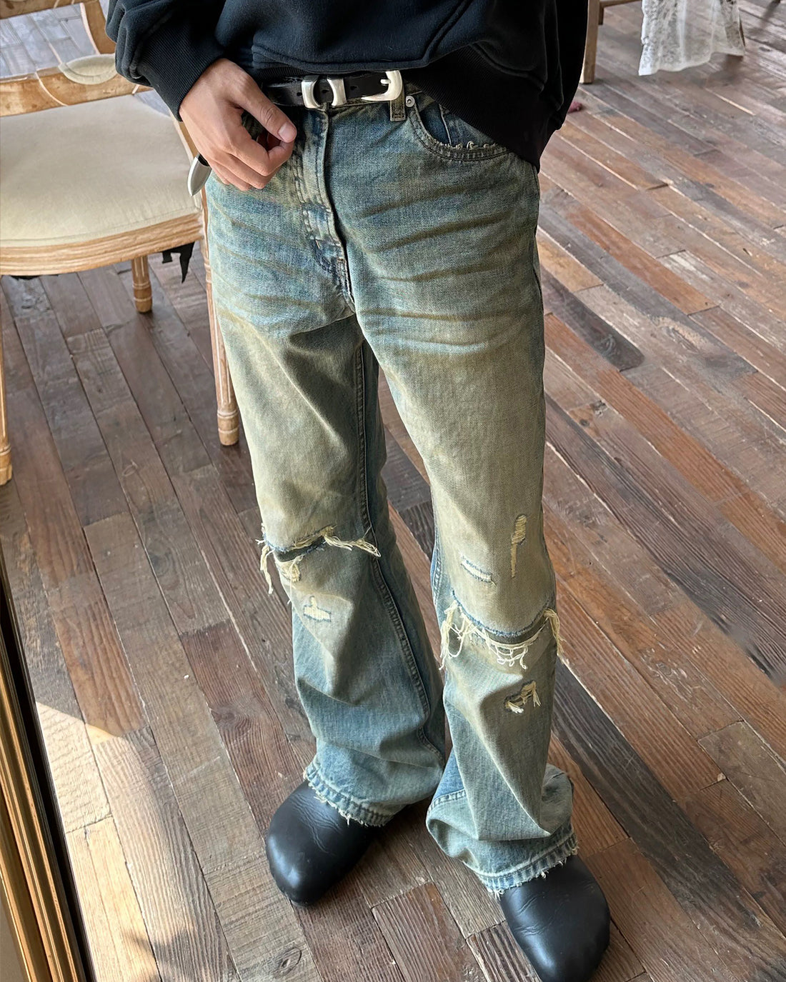 Distressed Artisan Denim – Faded Moss Wash